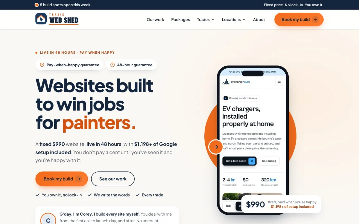 Tradie Web Shed website homepage